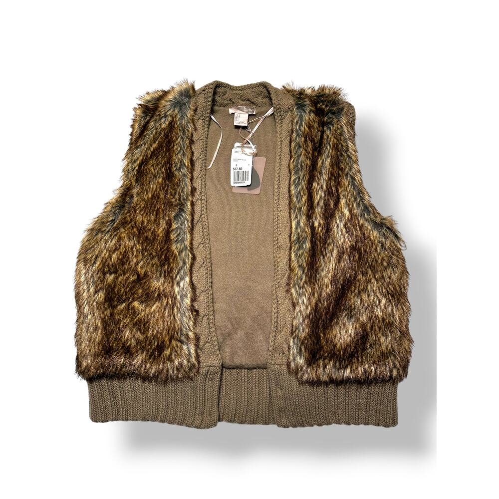 NWT Y2K Forever21 Cocoa Brown Faux Fur Cable Knit Sweater Vest Size Large